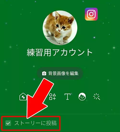 保存時にはストーリーに投稿のチェックを確認しよう - プロフィールにURLリンクを貼り付ける(インスタ・YouTube・Twitter・facebook)|LINEでリンクの貼り方!プロフィールにYouTubeやインスタのリンク設定できます